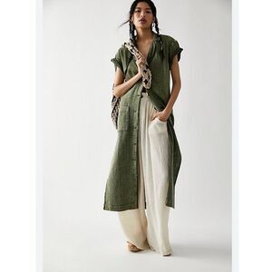Free People Almeda Dress Sz Xs Green Casual Midi Shirtdress Bohemian Lagenlook